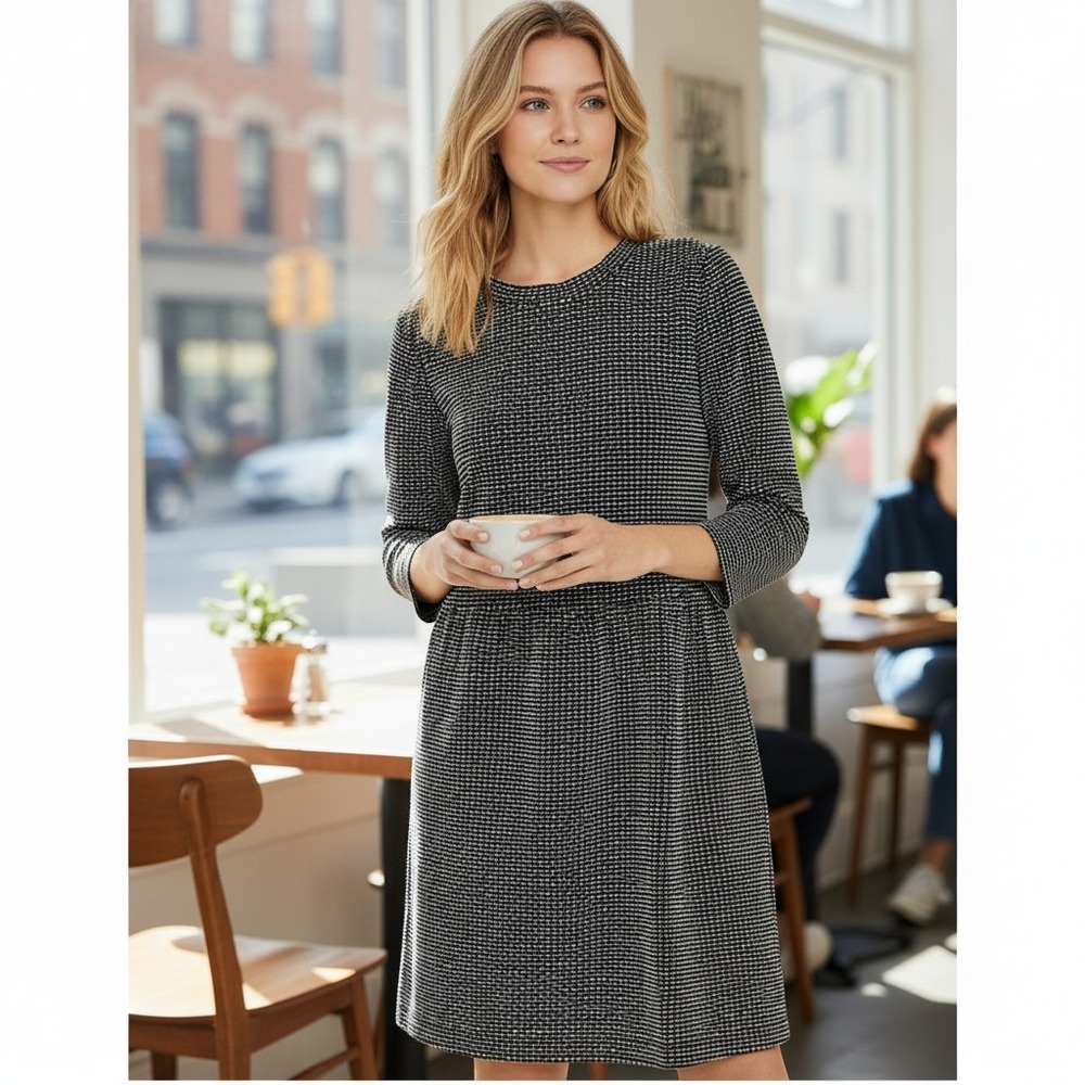 Ann Taylor LOFT NWT Textured Midi Dress Black White Work Casual Size L